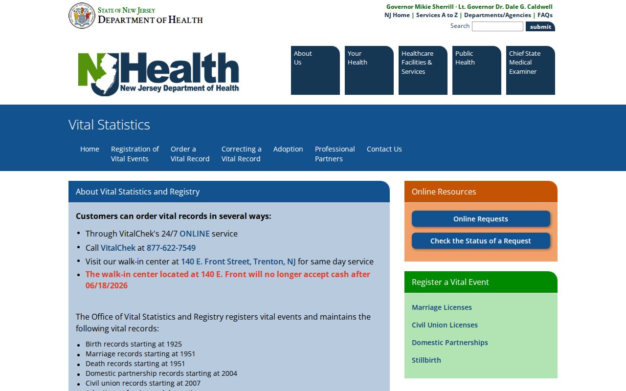 Essex County residents directory vital records route through New Jersey Department of Health