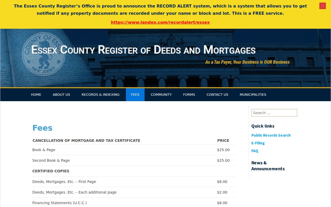 Essex County previous residents Register copy fee schedule
