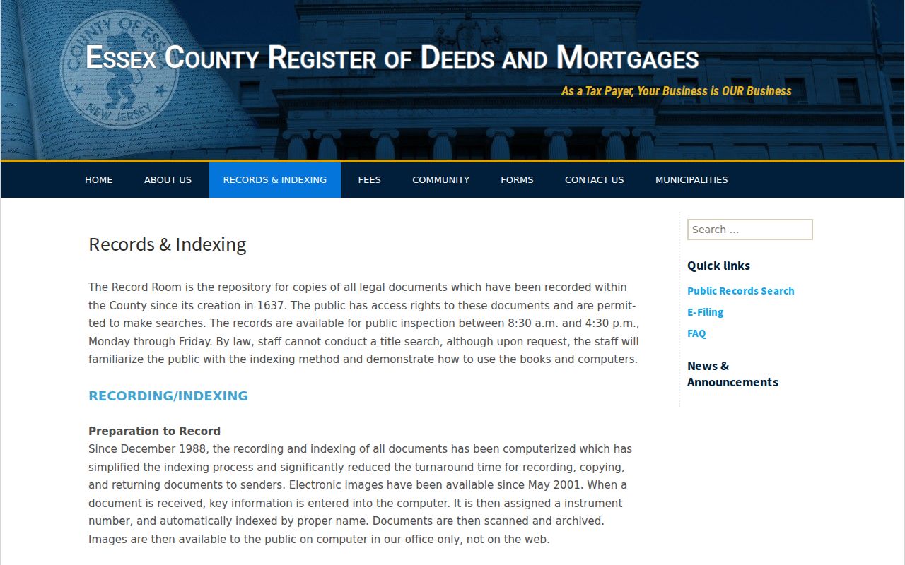 Essex County previous residents deed indexing guidance